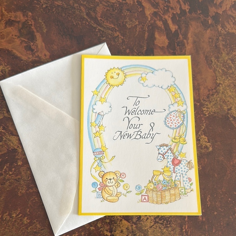 Vintage 70s Yellow Baby Welcome Card with Playful Animals